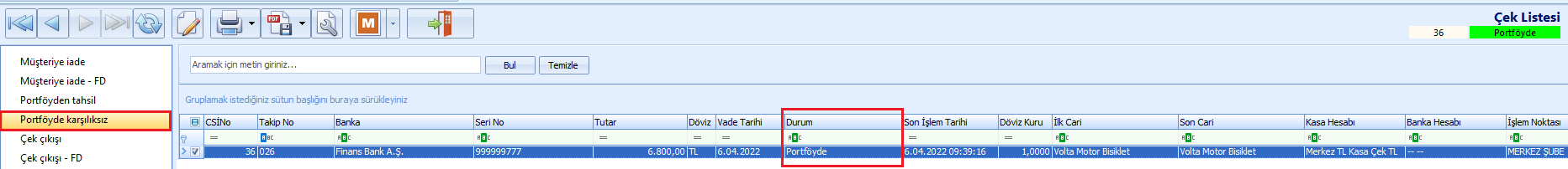 0239_Cek Islemleri_cek listesi_portfoyde karsiliksiz