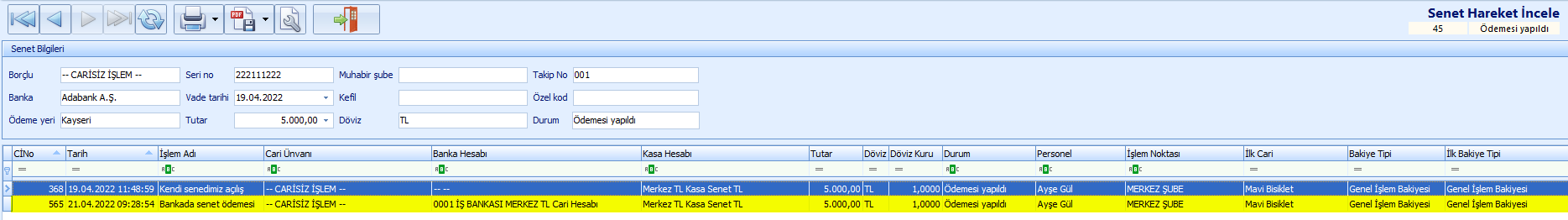 0240_Senet Islemleri_senet bankada odeme_hareket