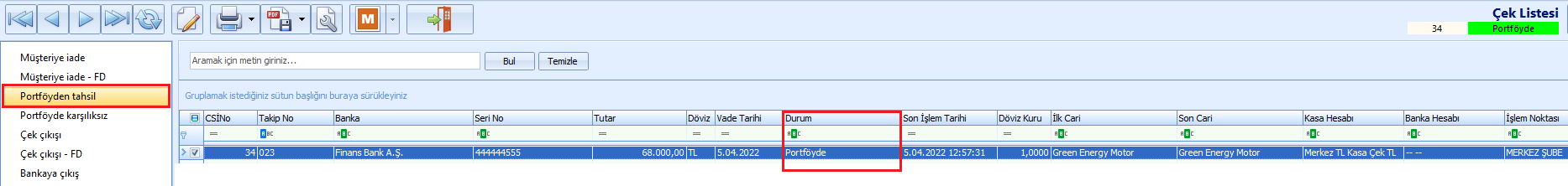 0239_Cek Islemleri_cek listesi_portfoyden tahsil