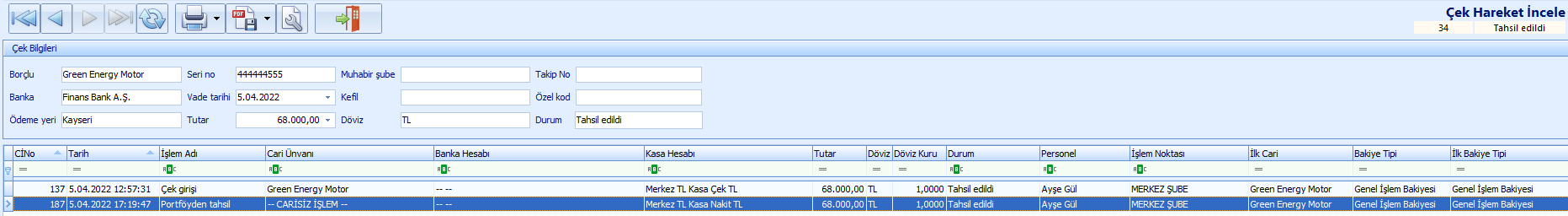 0239_Cek Islemleri_cek listesi_portfoyden tahsil_hareket incele