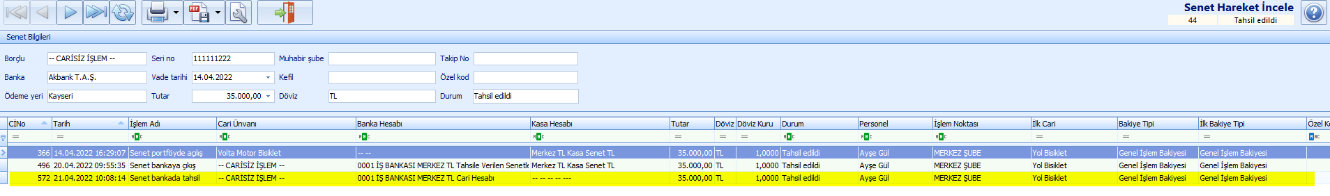 0240_Senet Islemleri_senet bankada tahsil_hareket