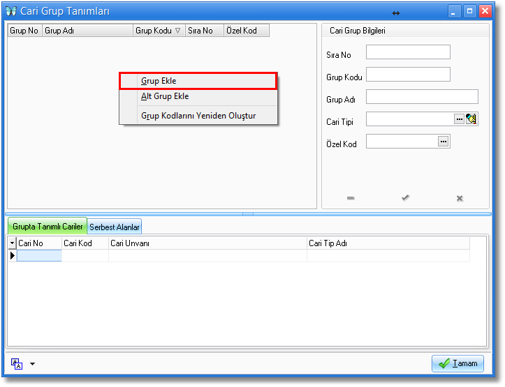 cari grup tanımları pencere