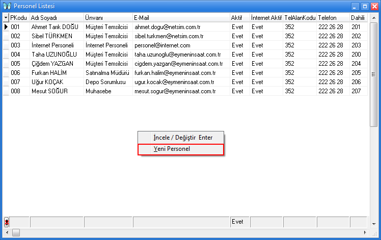 personel listesi kayıt