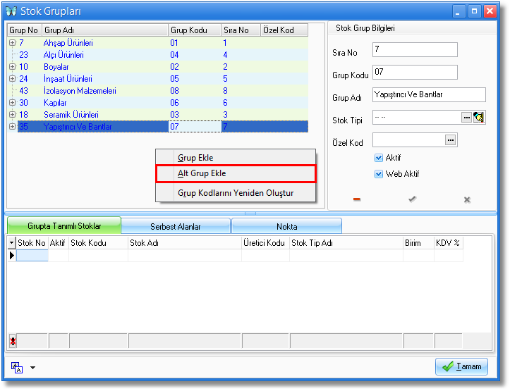 stok grubu tanımları alt grup ekleme
