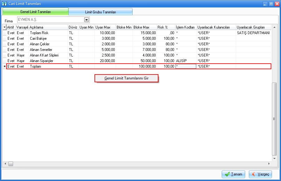 cari limit tanımları tanım ekleme