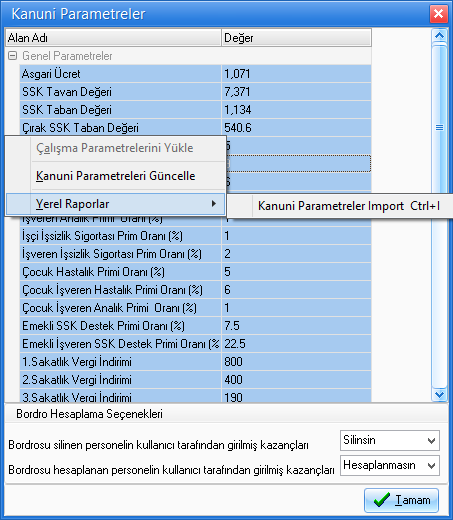 kanuni parametreleri güncelle