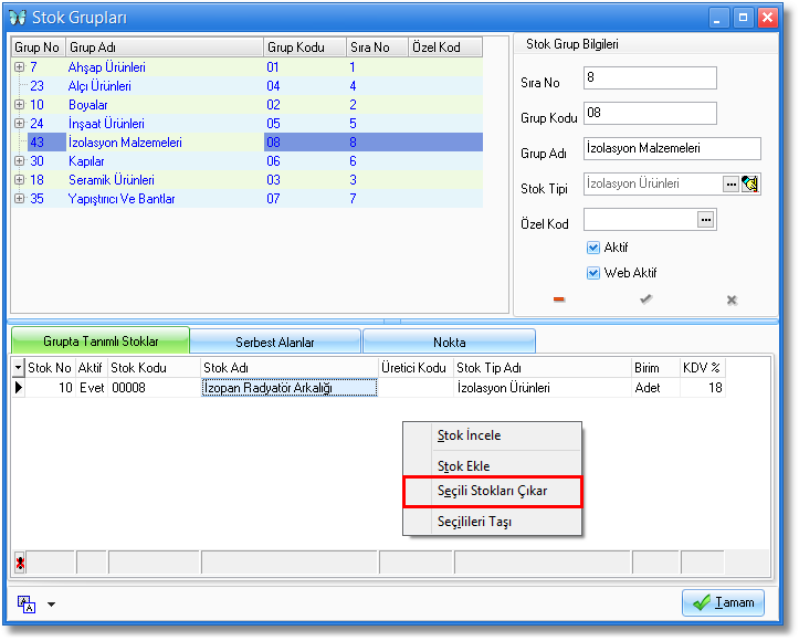 gruptan stok çıkarma