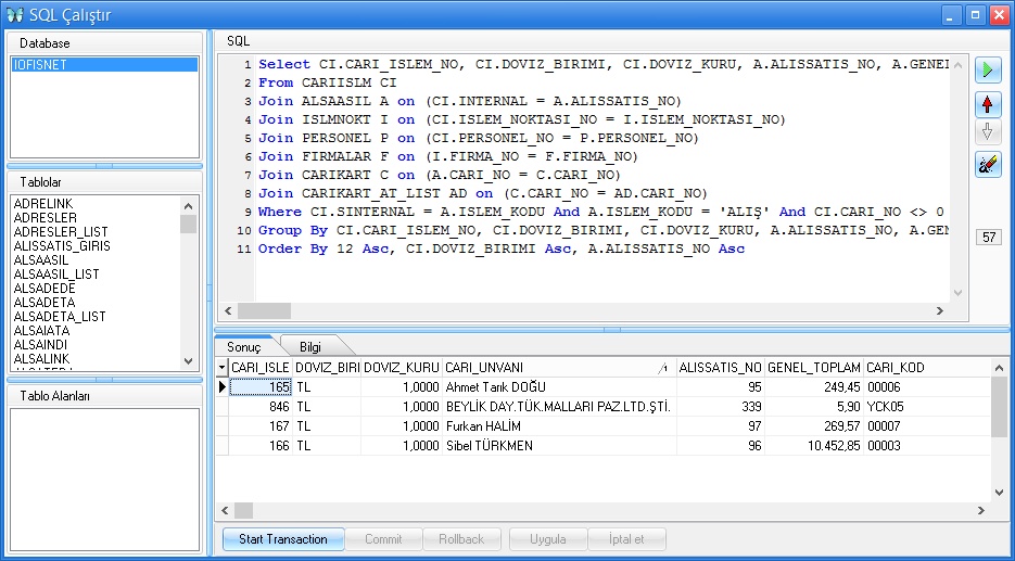 sql çalıştır örnek