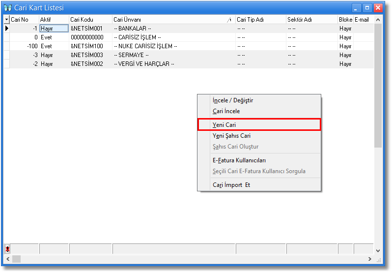 kayıt cari kartlar