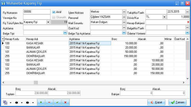 muhasebe kapanış fişi