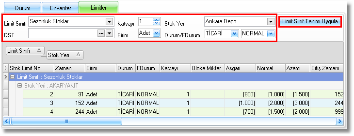 stok kartı durumu limitler