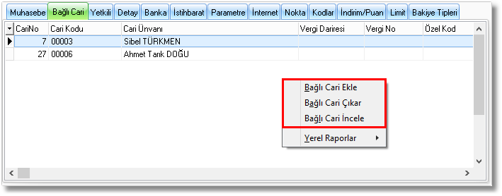 cari kartlar bağlı cari