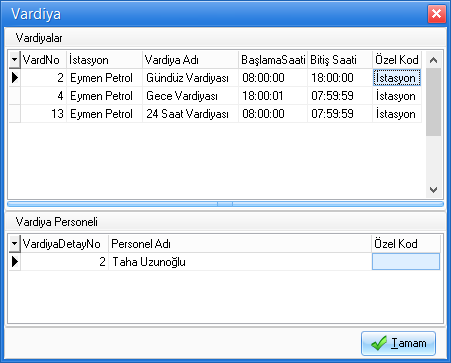 istasyon vardiya tanımlama