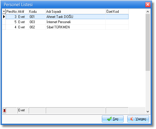 personel listesi pencere