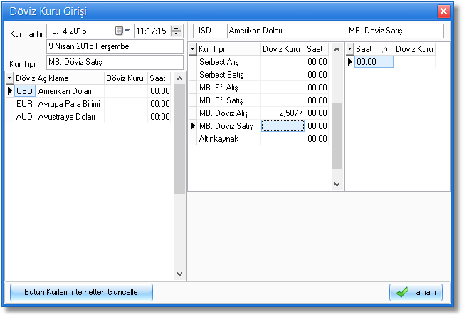 döviz kuru girişi pencere